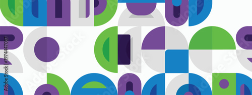 Abstract geometric pattern. Circles, arcs, shapes overlap creating colorful design. Modern style, vibrant hues present.