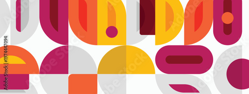 Abstract geometric pattern. Overlapping shapes create vibrant, midcentury modern aesthetic. Warm colors dominate design.