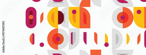 Abstract geometric pattern. Circles, rectangles, lines create repeating design. Warm colors dominate, offering retro aesthetic.