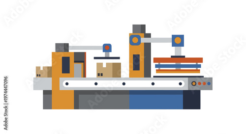 Automated Factory Production Line with Robotic Arms and Conveyor Belt.