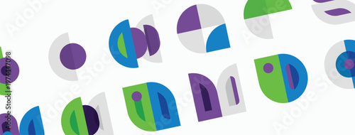 Abstract geometric shapes, circles, arcs, varying colors. Minimalist design, clean aesthetic, modern pattern. Bright, playful composition.