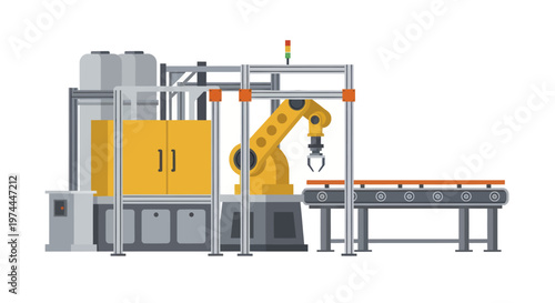 Automated industrial production line with robotic arm and conveyor belt system.