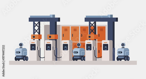 Automated Logistics Hub with Delivery Robots and Charging Stations.