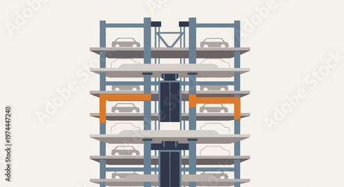 Automated multi-story car parking system with vehicles inside.