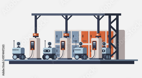 Automated robots charging at a modern industrial charging station.