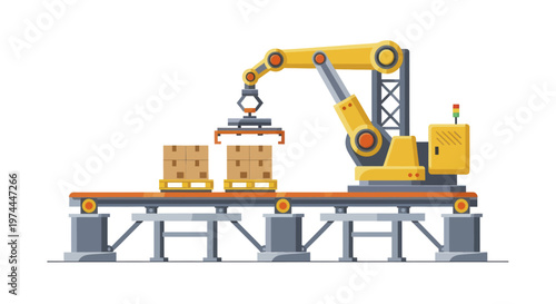 Automated Robotic Arm on a Conveyor Belt Moving Boxes.