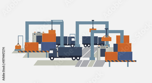 Automated warehouse loading and unloading process with trucks and forklifts.
