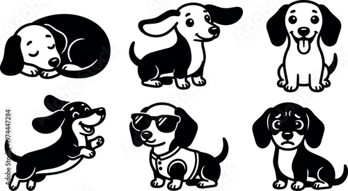 Cute dachshund puppies in various poses cartoon vector art