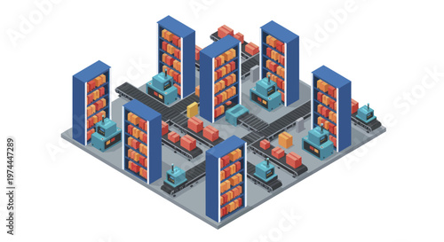 Automated Warehouse System with Robotic Logistics and Storage Shelves.