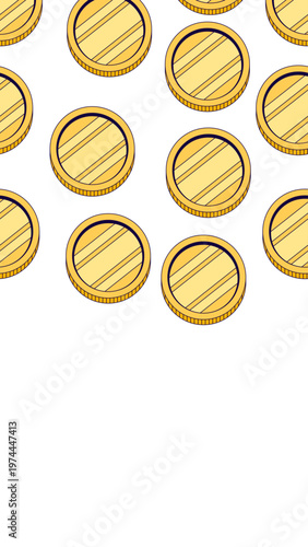 Shiny coins vertical top frame illustration. Money finance. Seamless pattern with copy space. Upper border on transparent white background. Decorative overlay for social media. Flat vector design