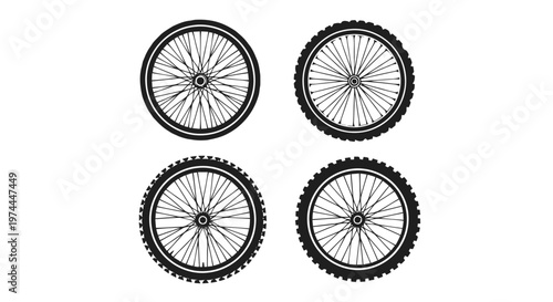 Vector illustration of set of four different bicycle wheel icons with various tire treads on a transparent background