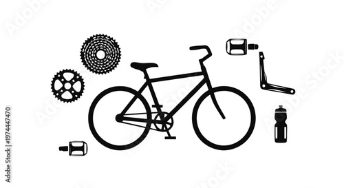 Vector illustration of bicycle silhouette with bike parts and accessories on a transparent background