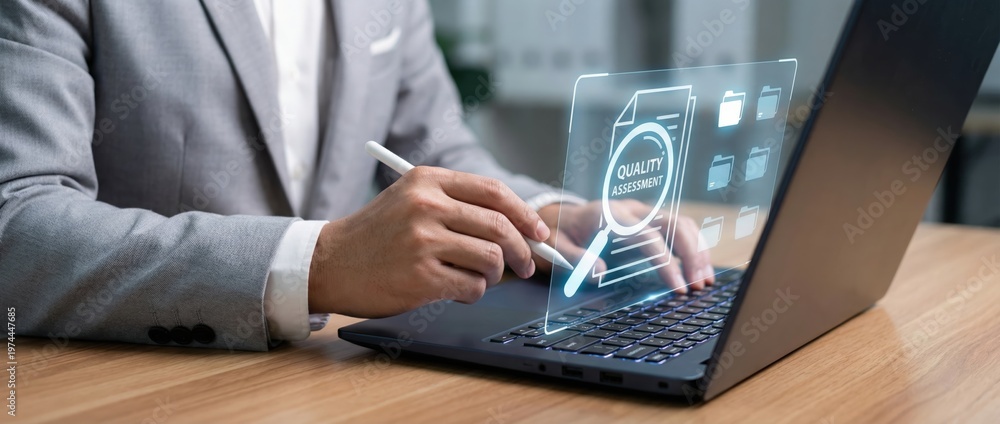 Fototapeta premium Digital document review process office environment business content professional setting close-up view enhancing quality assurance with innovative technology