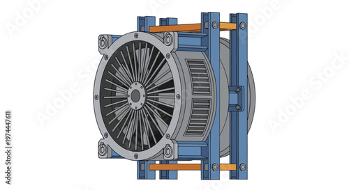 Detailed view of a complex industrial turbine engine component.