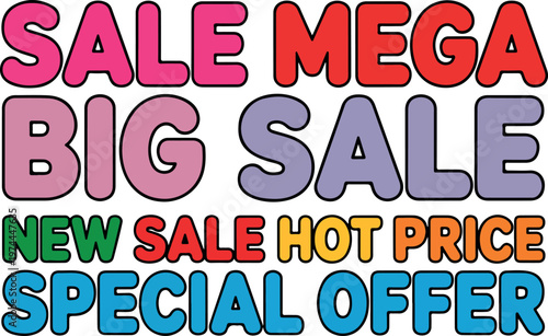 Set of colorful comic sale text stickers with mega big sale, hot price and special offer banners in pop art style