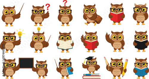 Cute Owl Cartoon Character Set Showing Different Emotions Actions and Accessories for Education Illustration Mascot Design and Storytelling Scenes