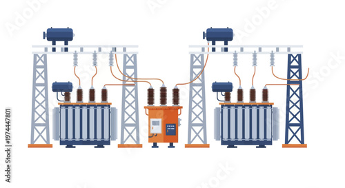 Electrical Substation with Transformers and Power Lines.