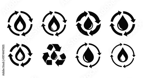 Vector illustration of water recycling icons set, water drop with circular arrows on a transparent background