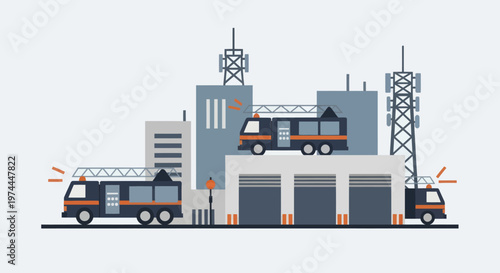 Fire station with fire trucks and city buildings in the background.