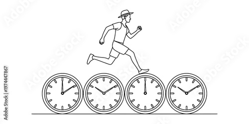 A man wearing a hat running across a series of clocks lined up in a row on a plain white background