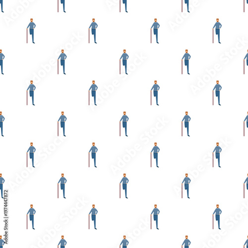 Seamless pattern with man having prosthetic leg using cane