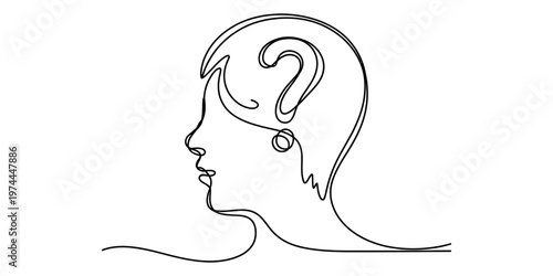A continuous line drawing depicting the side profile of a human head with a question mark inside.
