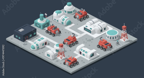 Futuristic Cityscape with Robots and Buildings.