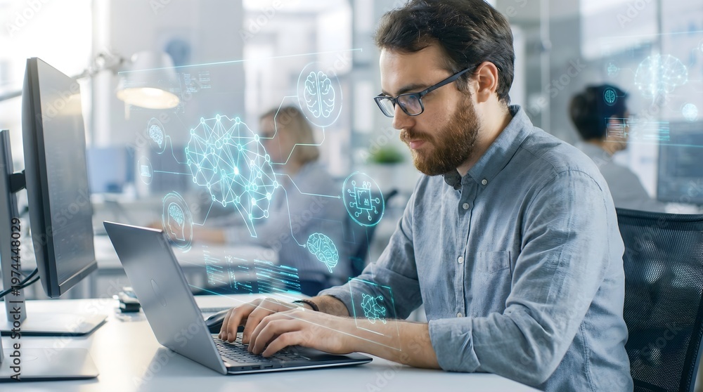 Fototapeta premium AI researcher typing on laptop with glowing holographic artificial intelligence and neural network icons