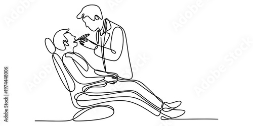 Continuous single line drawing of a dentist examining a patient sitting in a clinical chair