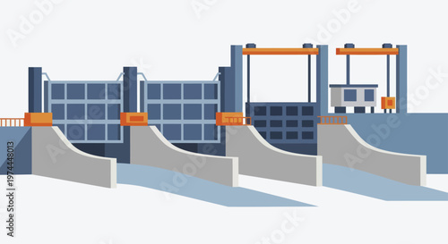 Hydroelectric Dam with Multiple Sluice Gates and Control Room.