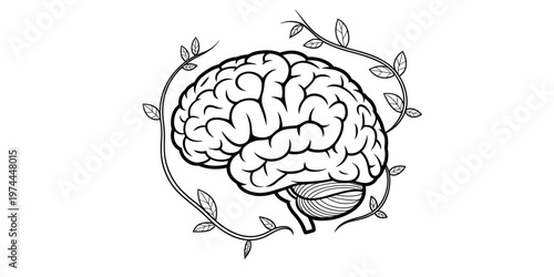 A detailed black and white line art illustration of a human brain surrounded by growing vines