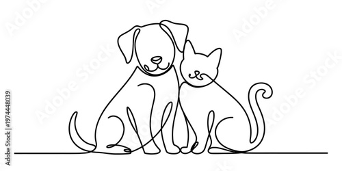 Minimalist continuous line drawing featuring a friendly dog and cat sitting together side by side Vector, illustration