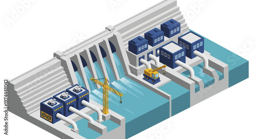Hydroelectric Power Plant Diagram Showing Water Flow and Turbines.