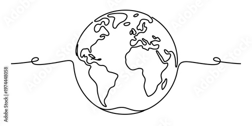 A minimalist single line drawing of the earth globe showing continents on a plain white background Vector, illustration
