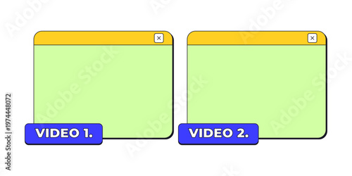 Videos blank two neo brutalism pop-up UI windows. Empty 2 dialog boxes. Multimedia content display. Media screens comparing. Isolated user interface element in neubrutalism style. Retro Y2K UX design