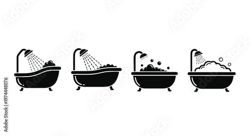 Vector illustration of set of bathtub icons with shower and foam on a transparent background