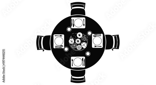 Vector illustration of top view of a round dining table with four chairs and place settings on a transparent background