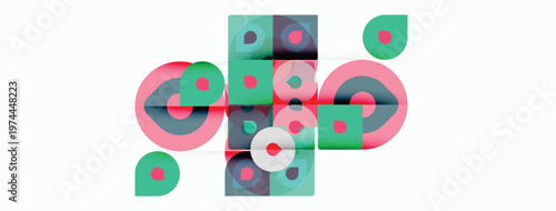 Abstract geometric composition. Circles, squares, overlapping shapes create vibrant visual pattern. Pink, teal dominate color scheme.