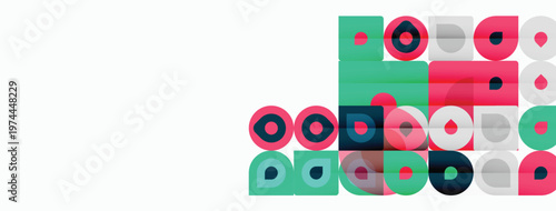 Abstract geometric shapes, circles, squares, rectangles. Teal, pink, gray colors dominate composition. Minimalist design, modern aesthetic.