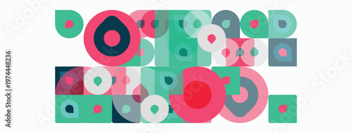 Abstract composition featuring overlapping circles, squares. Colors include pink, teal, gray. Minimalist design, geometric shapes dominate image.