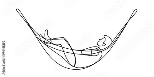 A minimalist black and white line art drawing of a person relaxing comfortably in a fabric hammock Vector, illustration