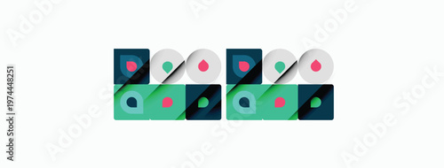 Colorful abstract design features repeating circular motifs. Shapes overlap creating playful visual rhythm. Minimalist aesthetic, modern branding element.