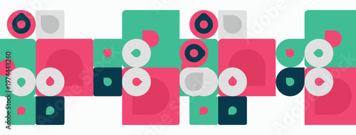 Abstract geometric pattern. Circles, squares overlap creating colorful repeating design. Modern style, simple shapes, flat illustration.