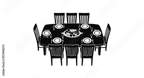 Vector illustration of dining table with chairs and food platter on a transparent background