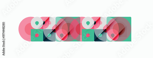 Abstract circles overlap, creating colorful patterns. Pink, teal hues dominate composition. Minimalist design, modern aesthetic.
