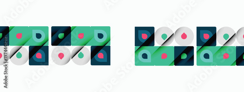 Geometric pattern repeats. Squares, circles, dots create abstract design. Teal, gray, red colors dominate composition. Minimalist aesthetic.