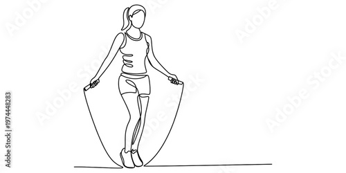 A continuous single line drawing of an athletic woman jumping with a rope for daily exercise. Vector, illustration