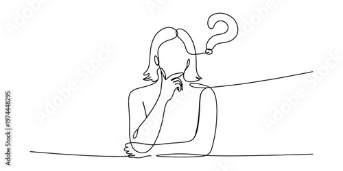 A single continuous line drawing of a thoughtful woman with a large question mark above her head Vector, illustration