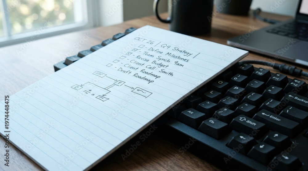 Obraz premium Crisp white notepad paper with faint blue ruled lines resting diagonally on a modern black aluminum keyboard, cool natural window light casting a pale blue tint on the page surface, business planning
