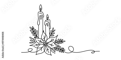 A simple black and white line art illustration featuring two lit candles with a poinsettia base Vector, illustration